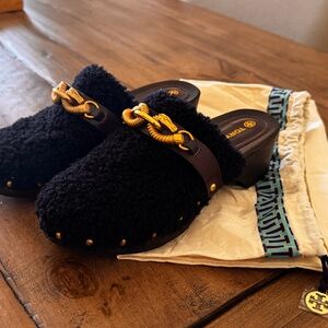 Tory Burch Black Shearling Mule Clogs with Gold Chain Detail